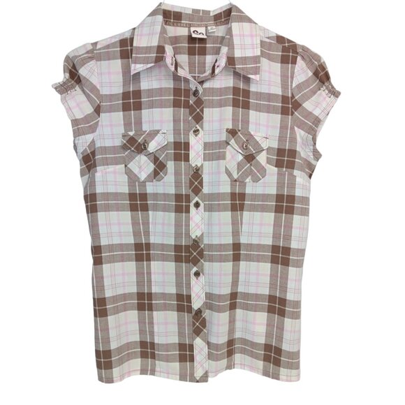 SO Tops - SO Women's Plaid Short Sleeve-Button down Shirt-Brown-White-Pink